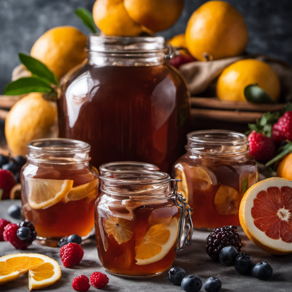 -up shot of a glass jar filled with sweetened tea, surrounded by fresh fruit slices, as a cloth covers the top