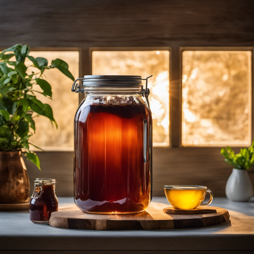 An image showcasing a glass jar filled with sweetened black tea, a scoby floating atop, and rays of sunlight filtering through a kitchen window, illuminating the brewing process of homemade kombucha without the use of starter tea