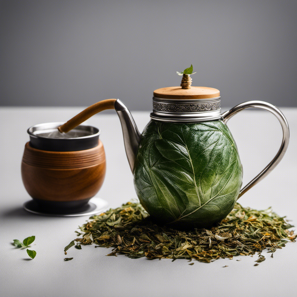 An image showcasing the process of making Mate Yerba: a hand holding a gourd filled with green dried leaves, pouring hot water from a thermos onto the leaves while a metal straw sits nearby