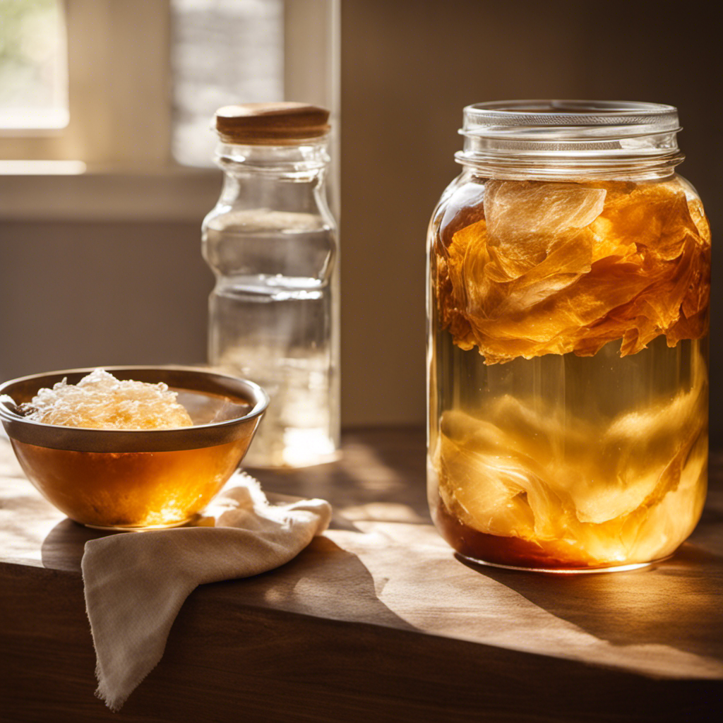 An image showcasing the step-by-step process of making quart kombucha tea: a glass jar filled with sweetened tea, a SCOBY floating on the surface, and a cloth covering the jar, all bathed in warm sunlight