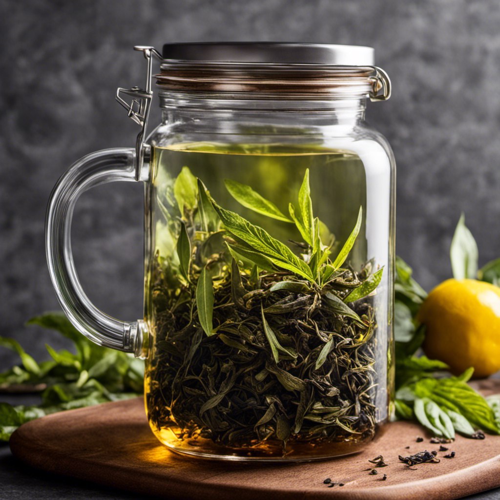 An image showcasing a hands-on process of steeping loose tea leaves in a glass jar filled with hot water