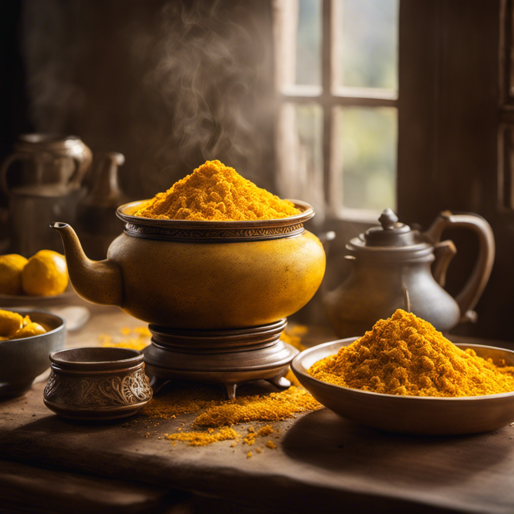 An image that showcases a serene kitchen scene with a vibrant yellow turmeric root being delicately grated over a steaming teapot, as rays of sunlight filter through a nearby window