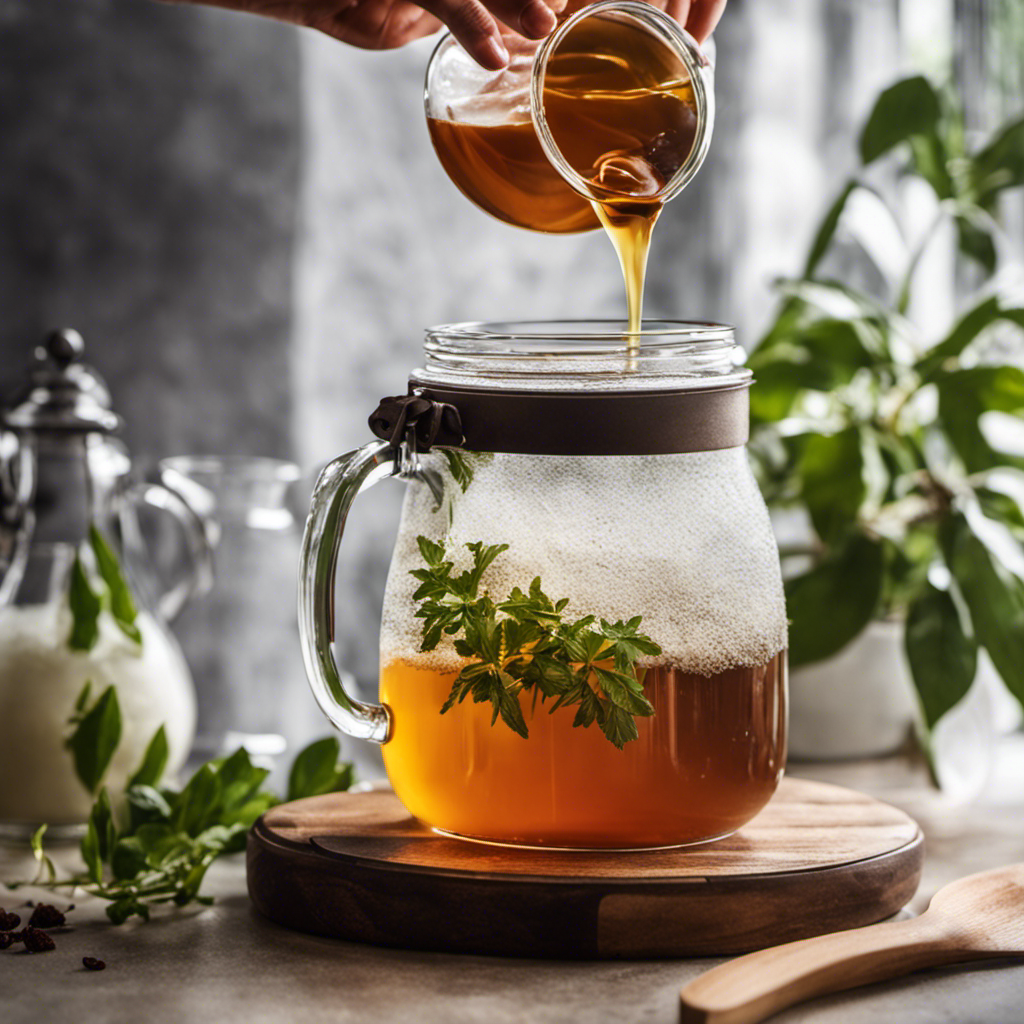 An image showcasing the step-by-step process of making Kombucha tea: a hand pouring hot water into a glass container with tea leaves, adding sugar, and a scoby floating on top