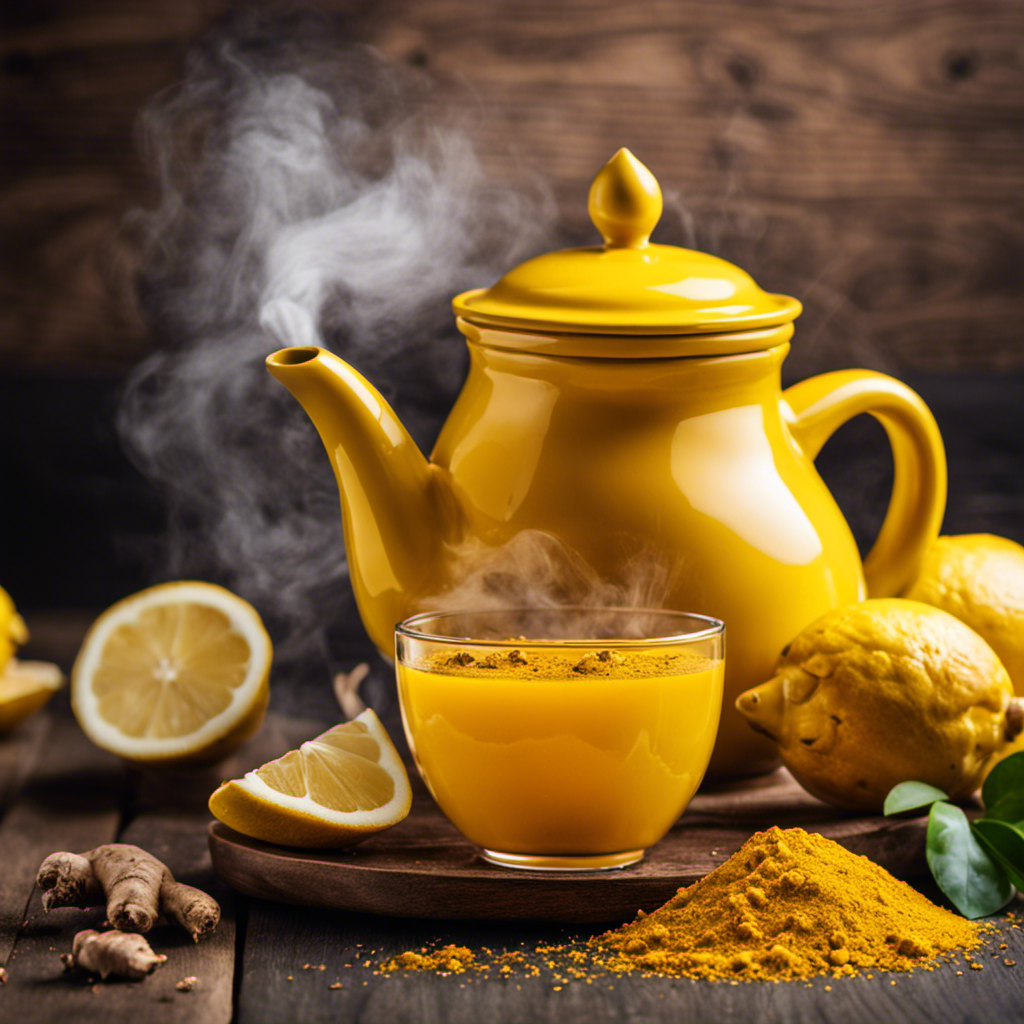 An image showcasing a vibrant yellow teapot filled with steaming turmeric ginger tea, surrounded by freshly grated ginger, sliced lemons, and a sprinkling of turmeric powder on a wooden table