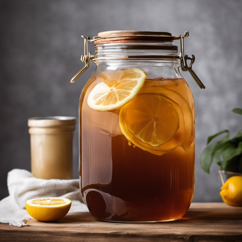 Create an image capturing the step-by-step process of brewing homemade kombucha tea