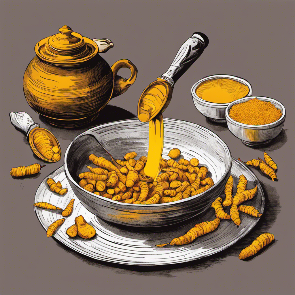 An image showcasing the process of preparing fresh turmeric root for tea: a hand holding a vibrant yellow root, a knife slicing it into thin pieces, a pot simmering with the sliced turmeric, and a cup of golden tea being poured