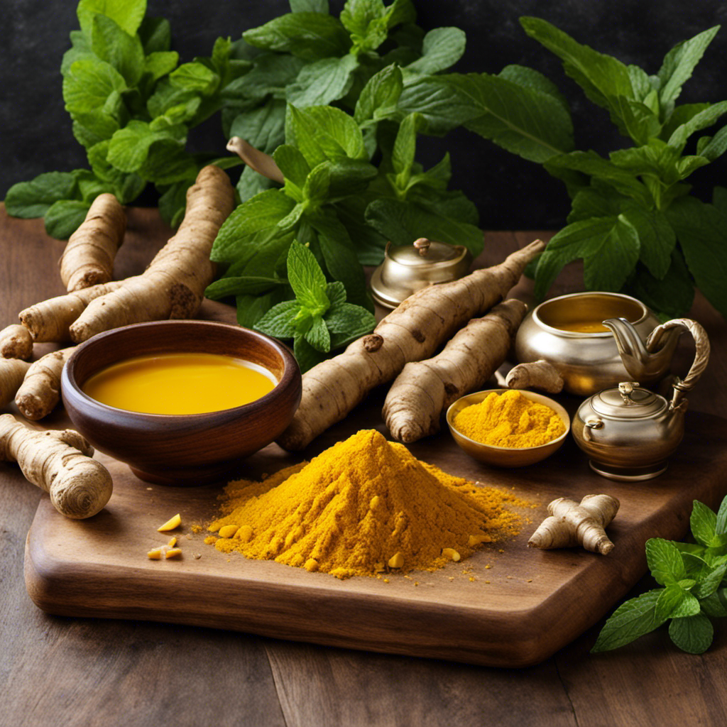 An image showcasing a vibrant yellow turmeric root and a fragrant ginger root, both peeled and sliced, beautifully arranged on a wooden cutting board