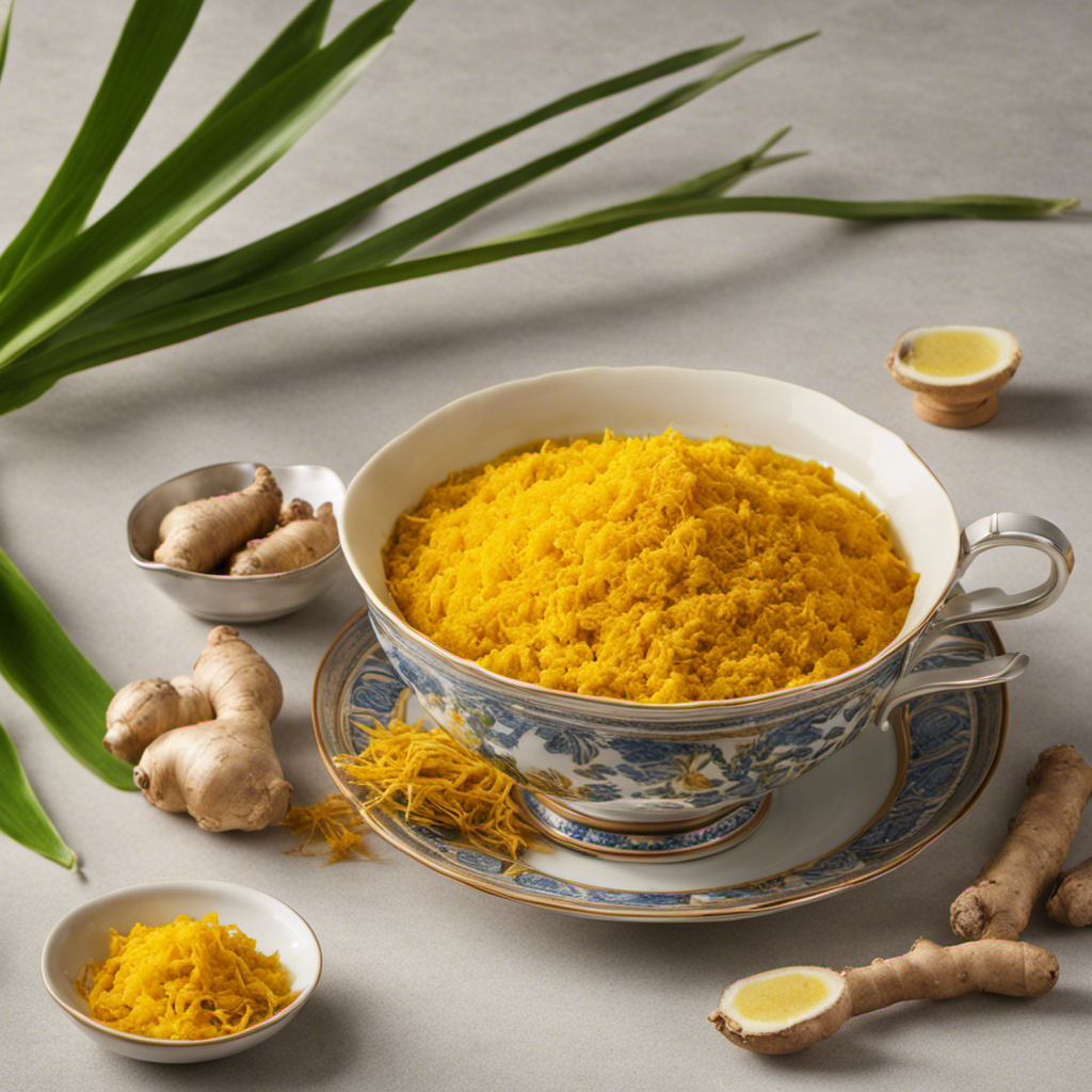 An image showcasing a vibrant yellow turmeric root and a fragrant ginger rhizome, both freshly grated, being steeped in a steaming pot of water