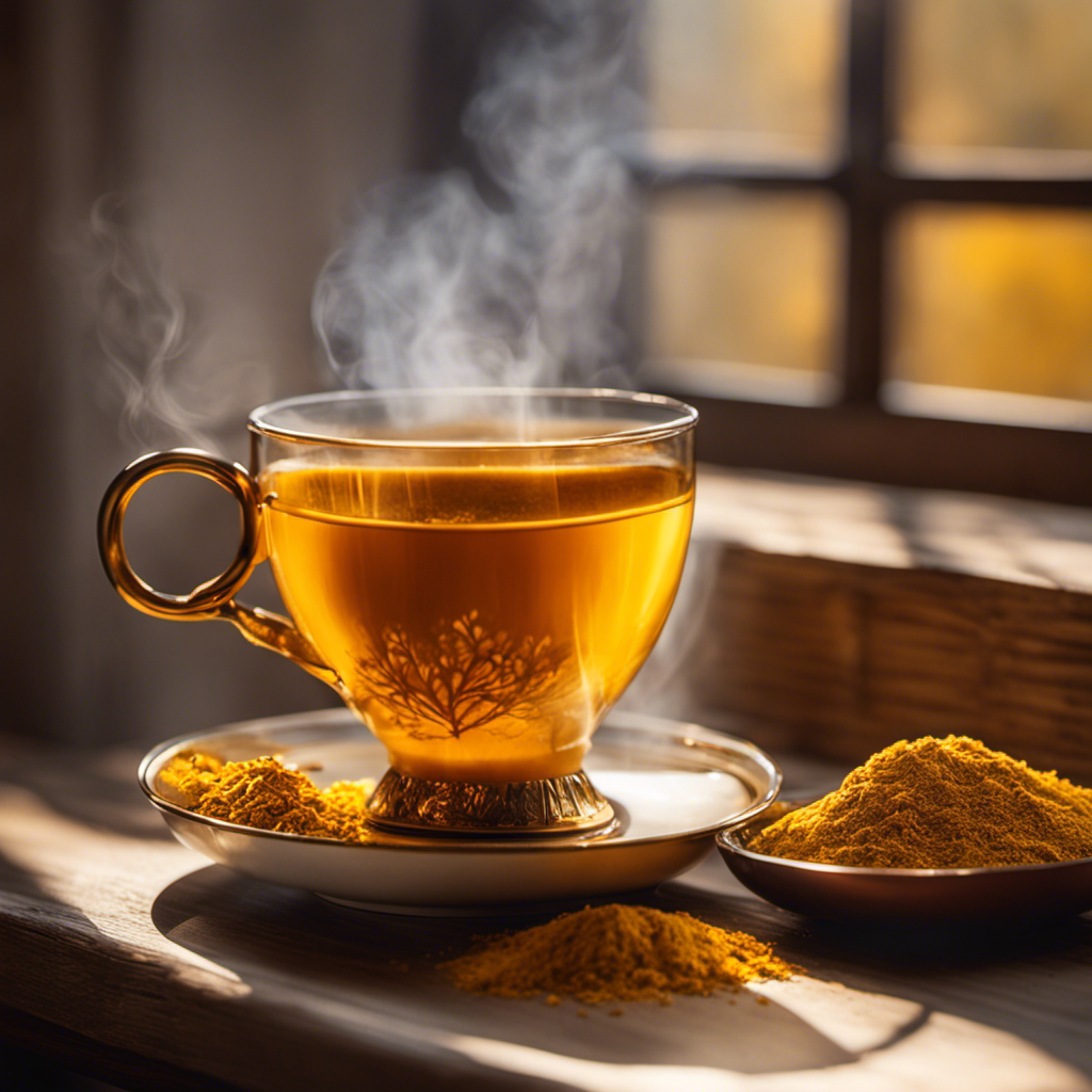 An image showcasing a steaming cup of golden tea being gently infused with vibrant turmeric