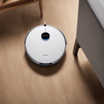 An image showcasing a smartphone connected to an Ecovacs robot vacuum, with clear visuals of the wifi setup process: the smartphone displaying available networks, selecting the Ecovacs network, and successfully establishing a connection