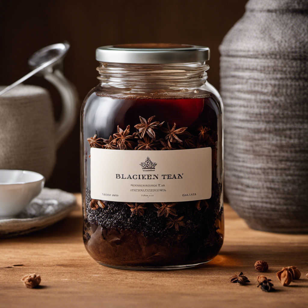 An image showcasing a glass jar filled with sweetened black tea, cooled down, and covered with a breathable cloth secured with a rubber band