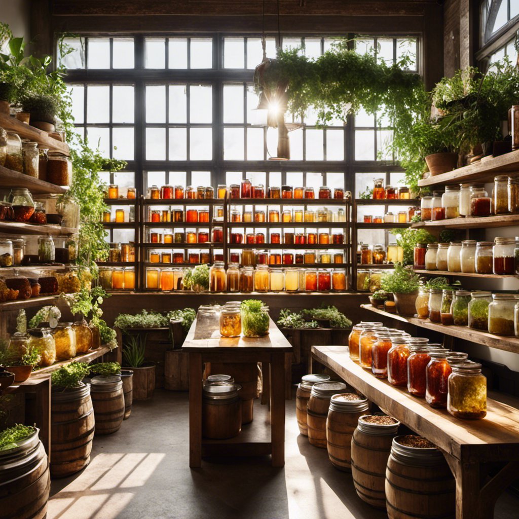 An image showcasing a serene, sun-drenched room with shelves of glass jars filled with fermenting kombucha, vibrant SCOBYs floating in each, surrounded by lush potted plants and a vintage brewing station