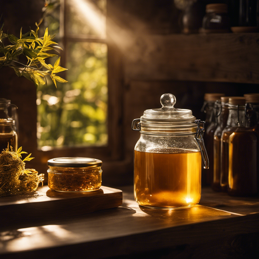 An image showcasing a glass jar filled with golden kombucha starter tea, sitting on a wooden shelf in a cool, dark pantry