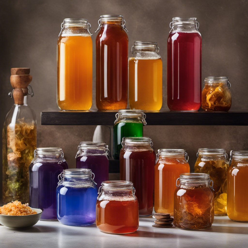 An image showcasing a glass jar filled with kombucha tea brewing on a kitchen countertop