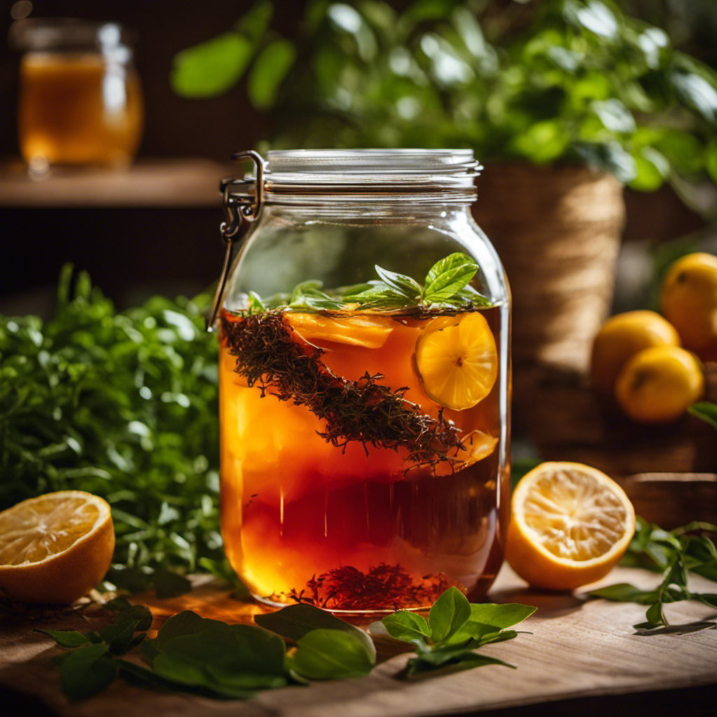 Nt, close-up shot of a glass jar filled with amber-colored kombucha tea, adorned with a floating disc of a scoby, surrounded by fresh green tea leaves, sliced fruits, and herbs, all illuminated by soft natural light