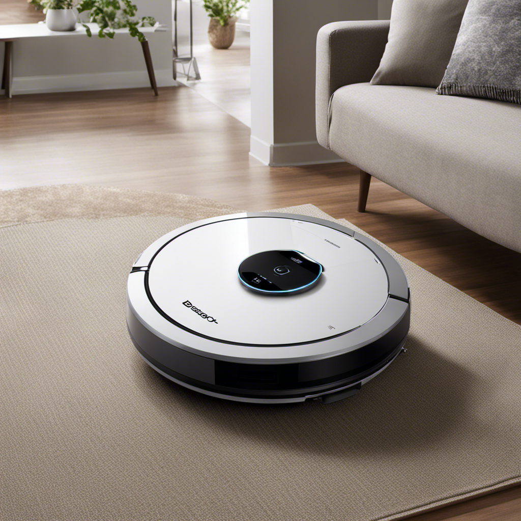 An image showcasing a living room with the Deebot Ecovacs Robotics in action: the sleek robot vacuum seamlessly gliding across the floor, effortlessly removing dirt and debris, while the user comfortably relaxes on the sofa