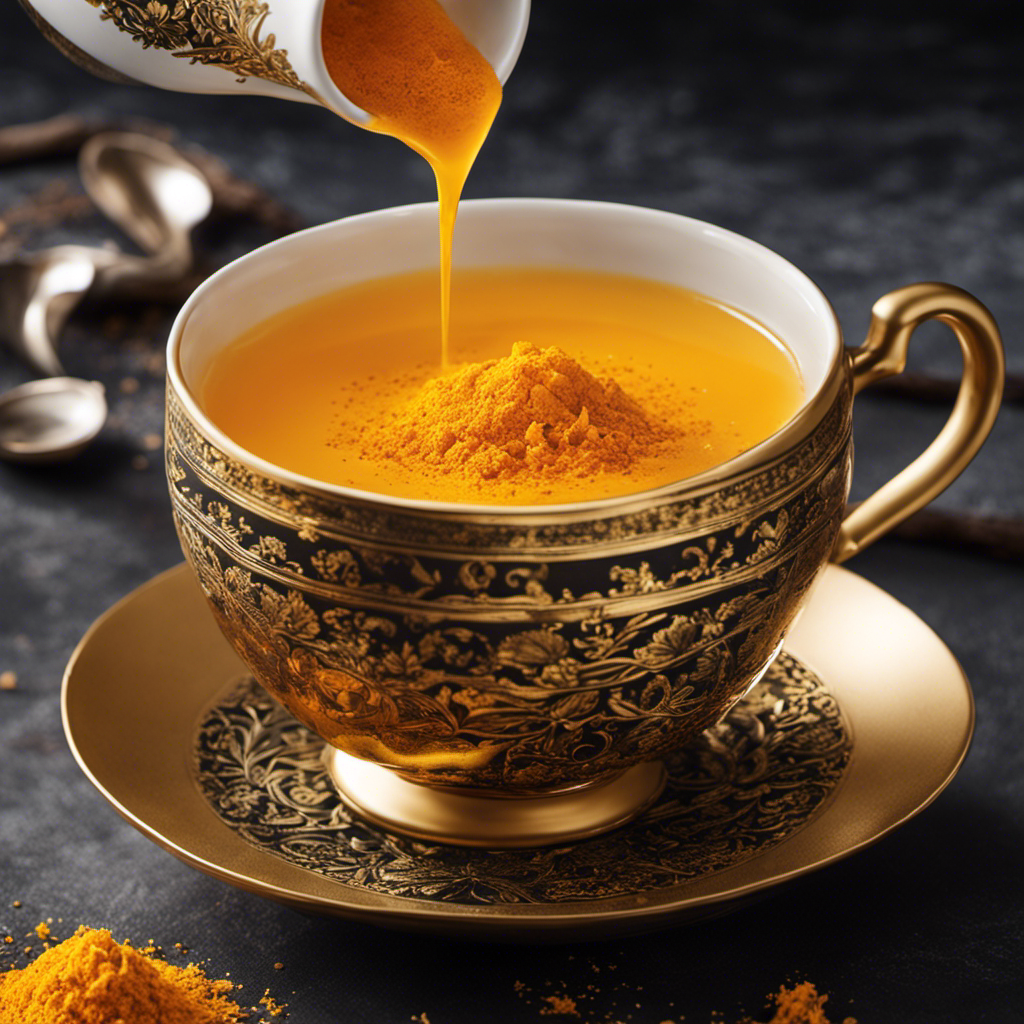 An image of a steaming teacup, filled with golden-hued tea made from freshly grated turmeric