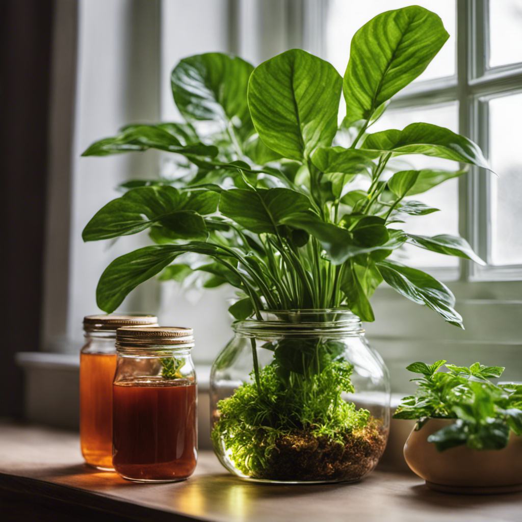 An image showcasing a lush, thriving houseplant sitting on a windowsill, with a glass jar of homemade kombucha tea nearby