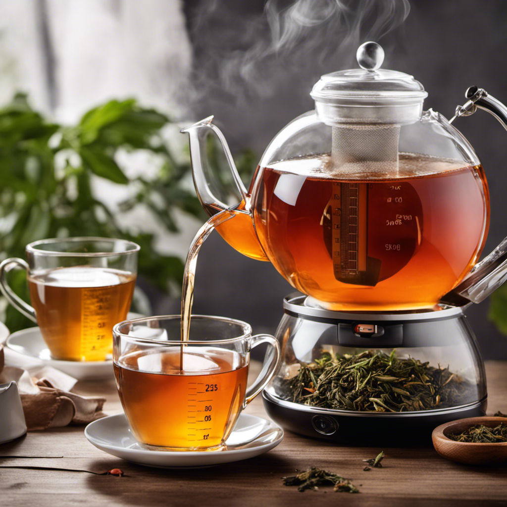 An image showcasing a glass teapot gently pouring steaming hot water over a pile of loose tea leaves, while a thermometer hovers nearby, capturing the exact temperature needed to brew perfect kombucha