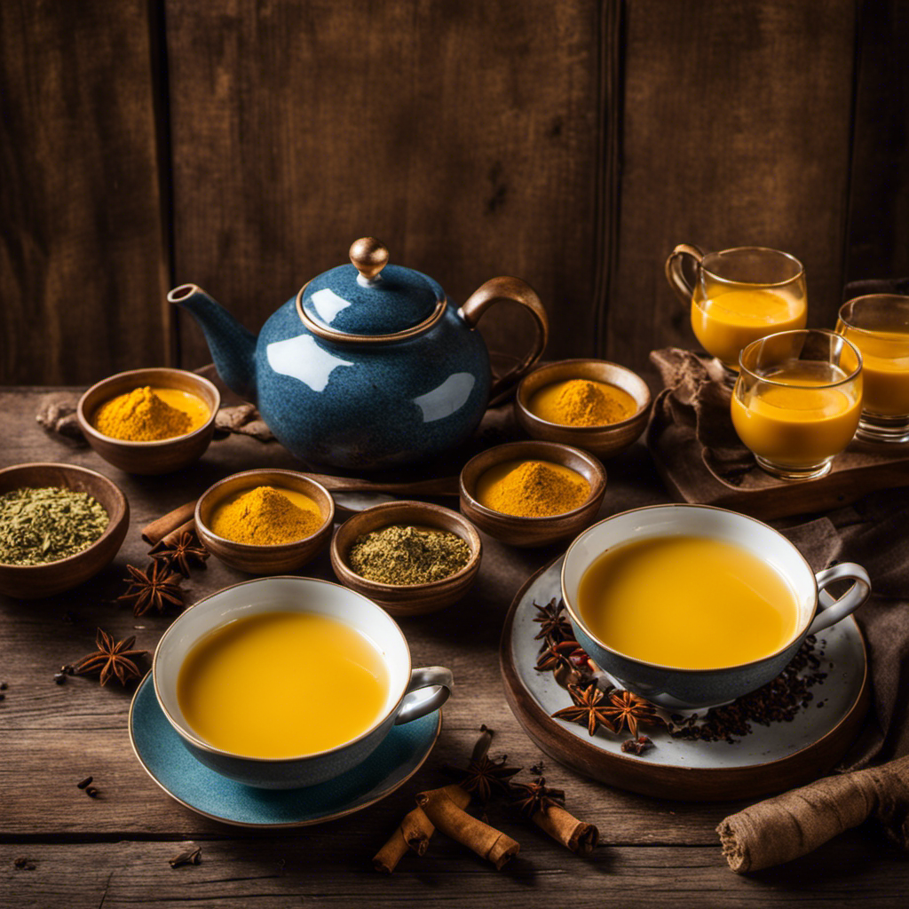 An image of a warm, inviting tea set on a rustic wooden table, with a vibrant golden turmeric latte steaming in a delicate cup, surrounded by fresh turmeric roots and aromatic spices