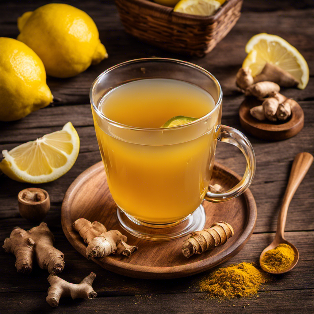 An image of a steaming cup of lemon-ginger-turmeric detox tea, garnished with fresh lemon slices, ginger root, and a sprinkle of turmeric powder, placed on a rustic wooden table with a cozy, warm background