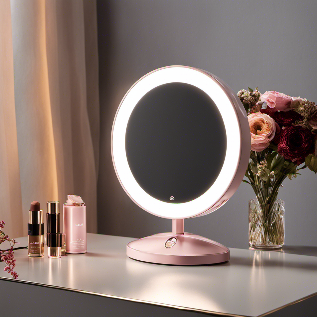 An image showcasing the HUONUL Makeup Mirror's sleek, compact design, featuring a reflective surface surrounded by soft, warm LED lights that beautifully illuminate a range of cosmetics, enhancing your beauty routine