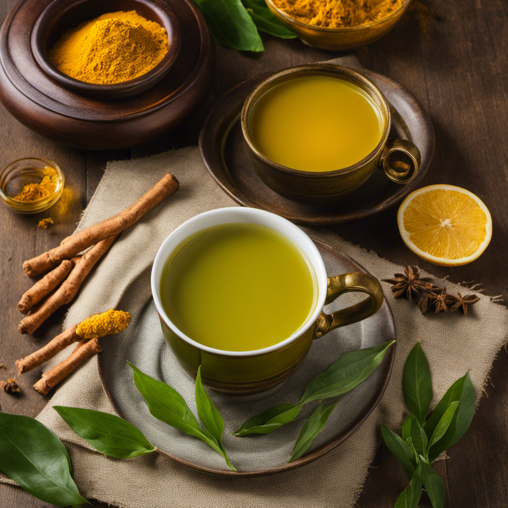 An image showcasing a vibrant cup of Hyleys Turmeric with Green Tea, steam gently rising, surrounded by freshly harvested turmeric root and lush green tea leaves, symbolizing its natural health benefits