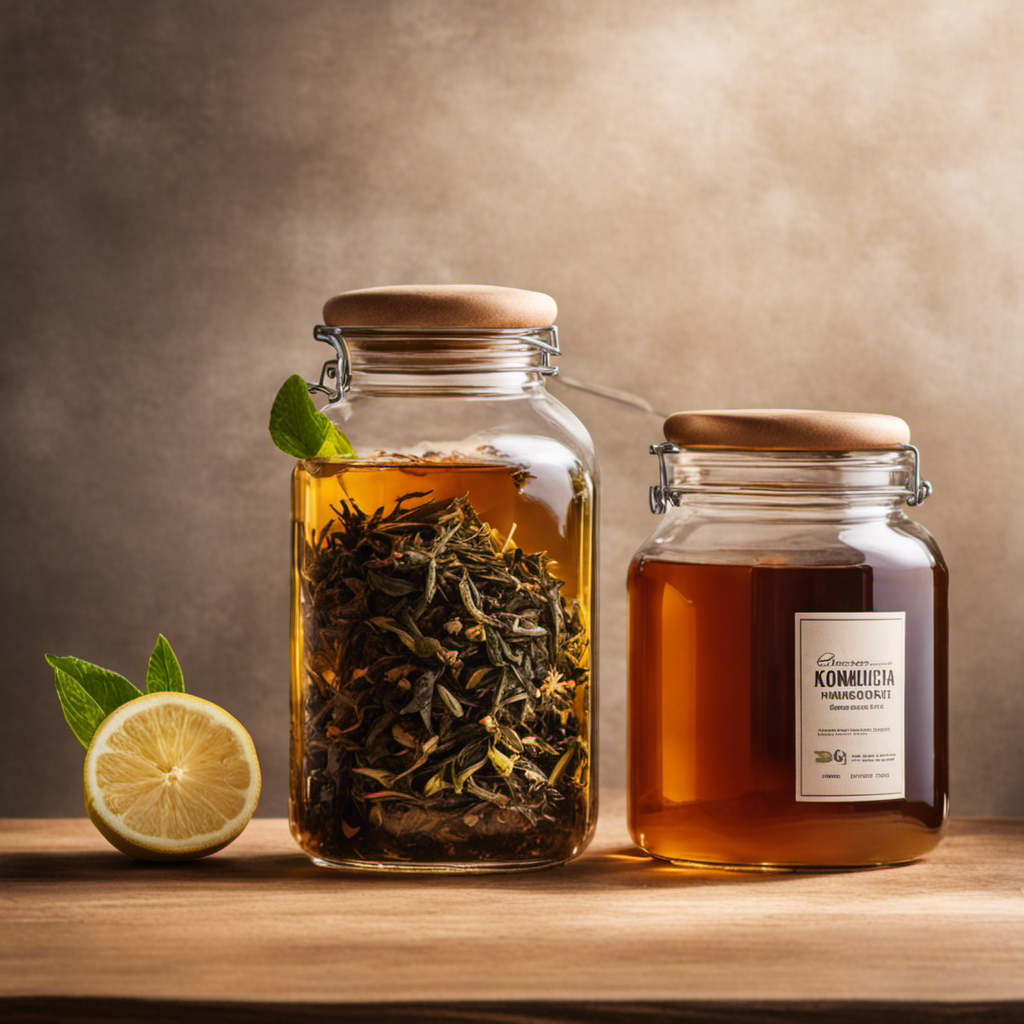 An image showcasing a glass jar filled with freshly brewed tea, accompanied by a separate container of untouched starter tea, symbolizing the omission of this essential ingredient in the kombucha-making process