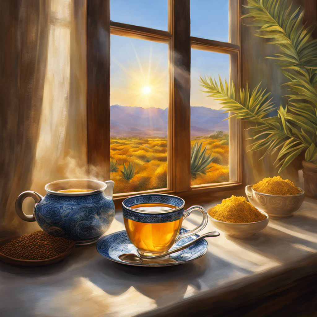 An image featuring a serene morning scene with a steaming cup of blue agave and turmeric tea