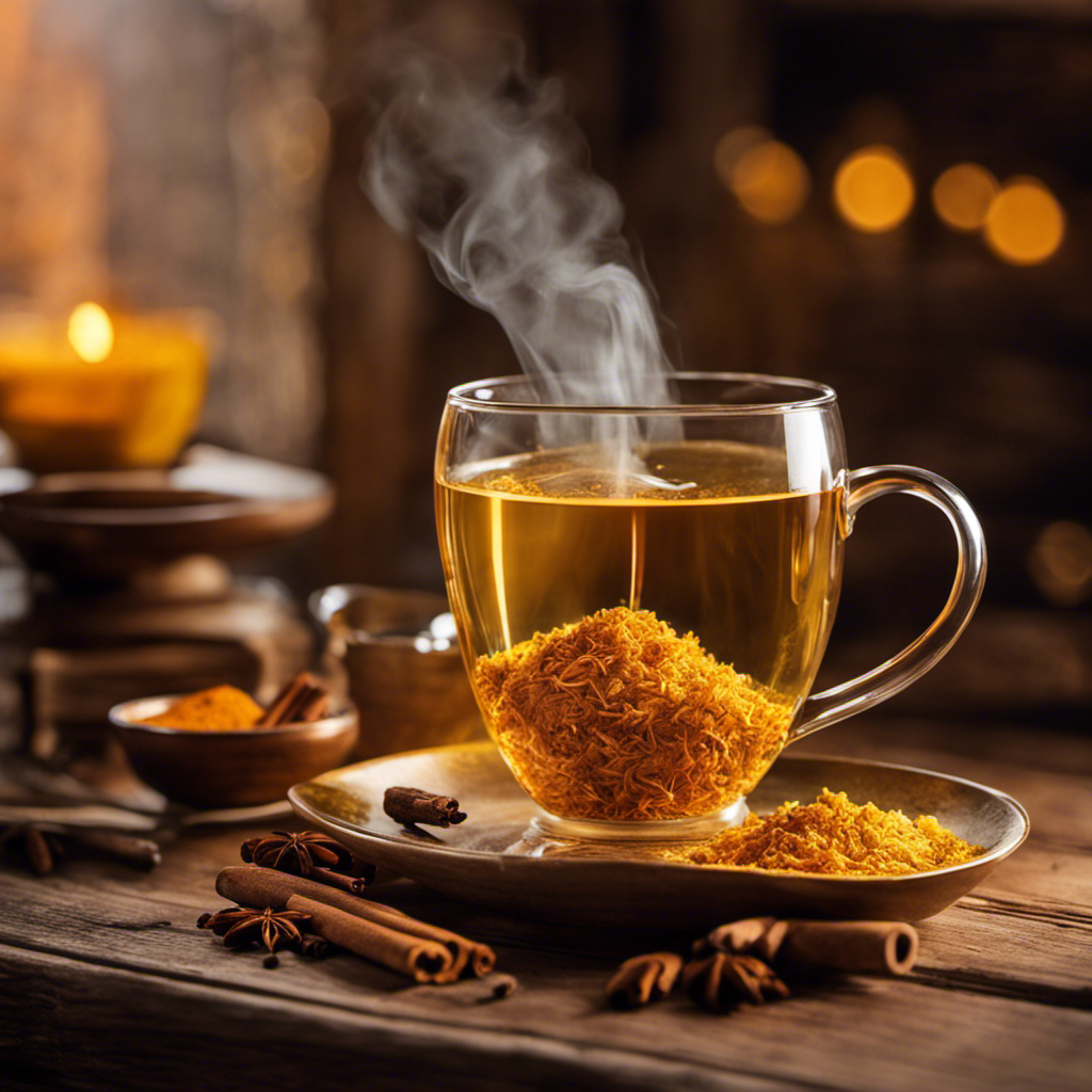 An image showcasing a steaming cup of golden-hued tea, swirling with dry ginger, turmeric, and cinnamon