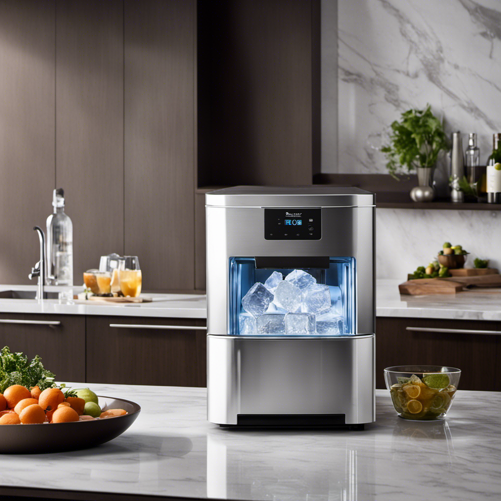 An image showcasing a sleek, compact ice maker in a modern kitchen setting