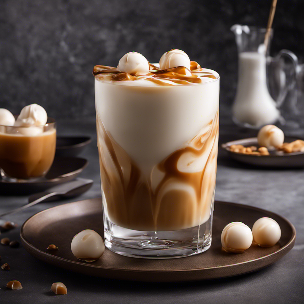 An image capturing a frosted glass filled with creamy caramel-hued iced macchiato, topped with a velvety layer of milk, gently cascading over a bed of perfectly spherical ice cubes