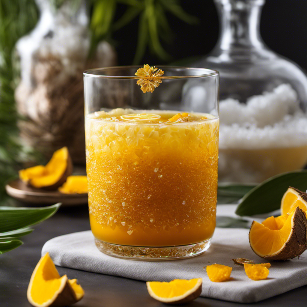 An image showcasing a tall, frosty glass filled with golden-hued iced turmeric tea infused with creamy coconut milk