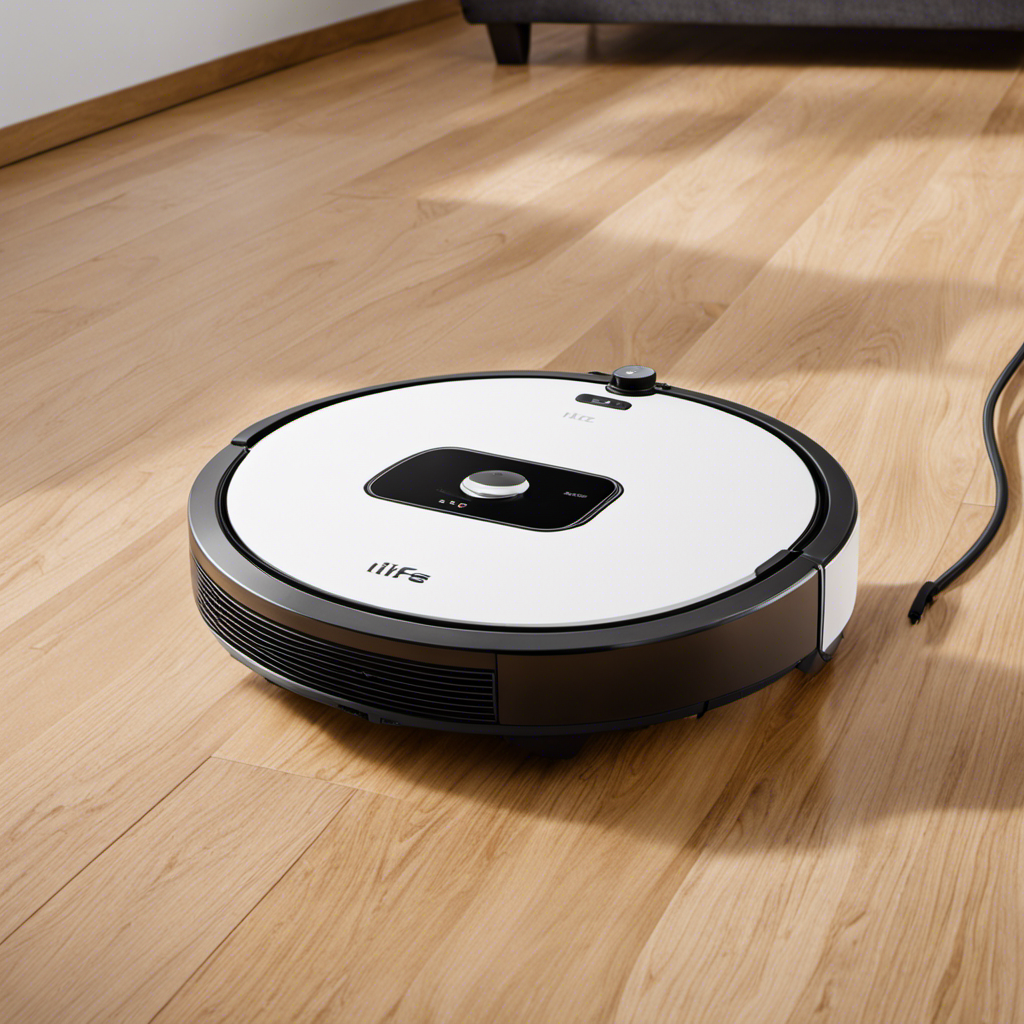 An image showcasing the ILIFE V5s Plus Robot Vacuum effortlessly gliding across a pristine hardwood floor, leaving behind a trail of sparkling cleanliness