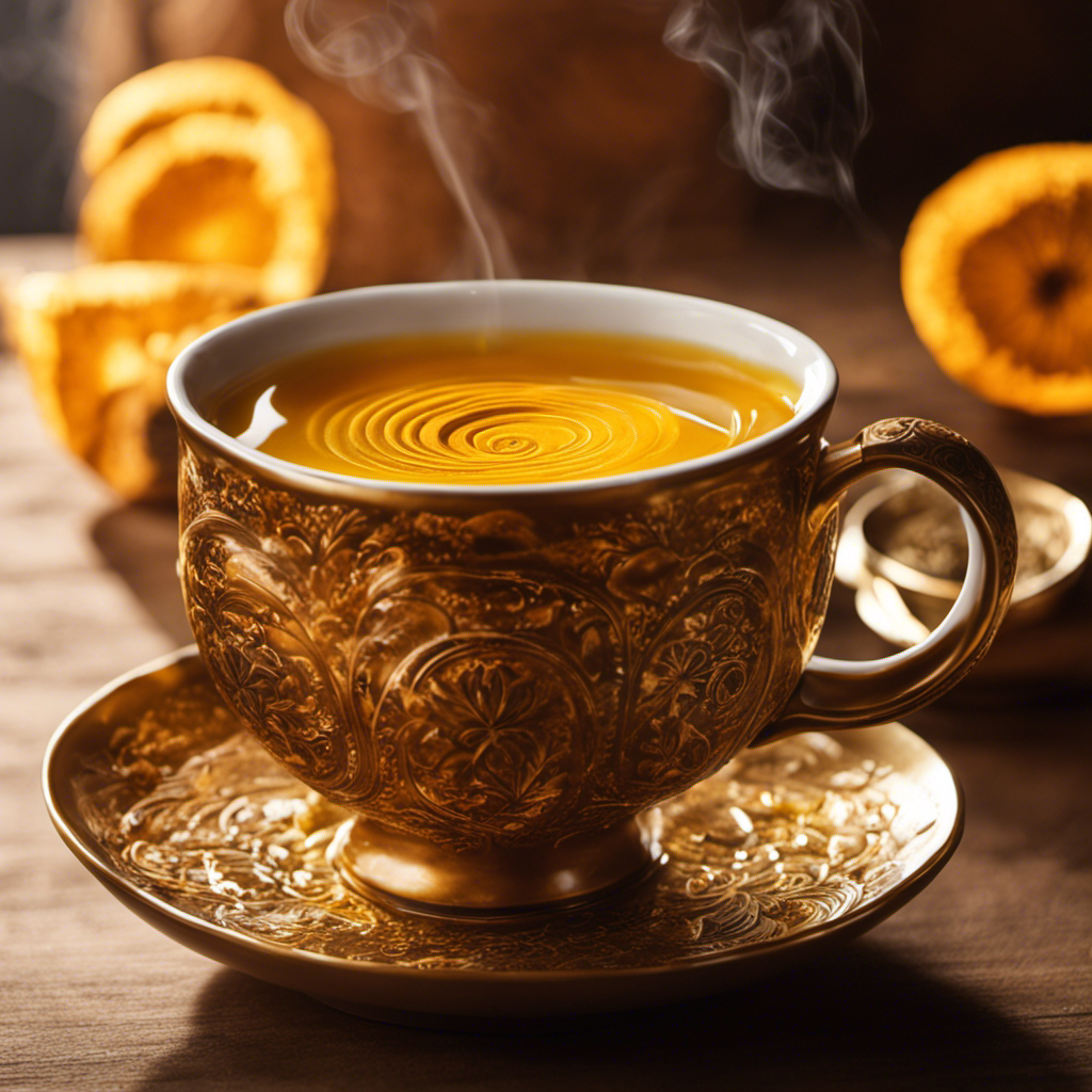 An image of a steaming mug of hot turmeric tea, with vibrant golden hues swirling in the delicate ceramic