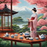 An image showcasing a serene, traditional Japanese tea ceremony, with delicate tea cups, a graceful tea master in traditional attire, and a tranquil garden backdrop, capturing the essence of tea culture worldwide