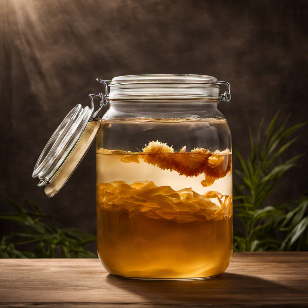 An image showcasing a clear glass jar filled with 2 liters of homemade kombucha tea