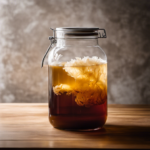 An image showcasing a clear glass jar filled with 2 liters of homemade kombucha tea