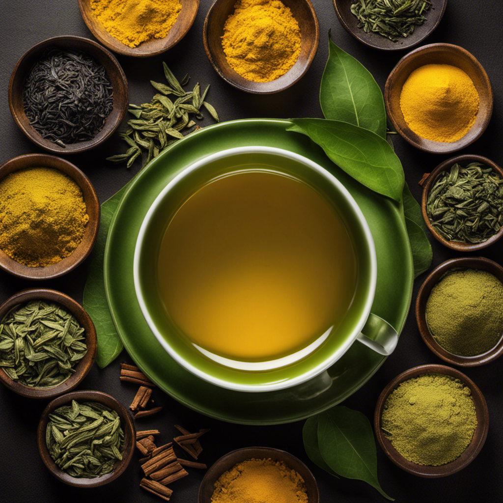 An image showcasing the vibrant synergy of indole-3-carbinol, green tea, and turmeric