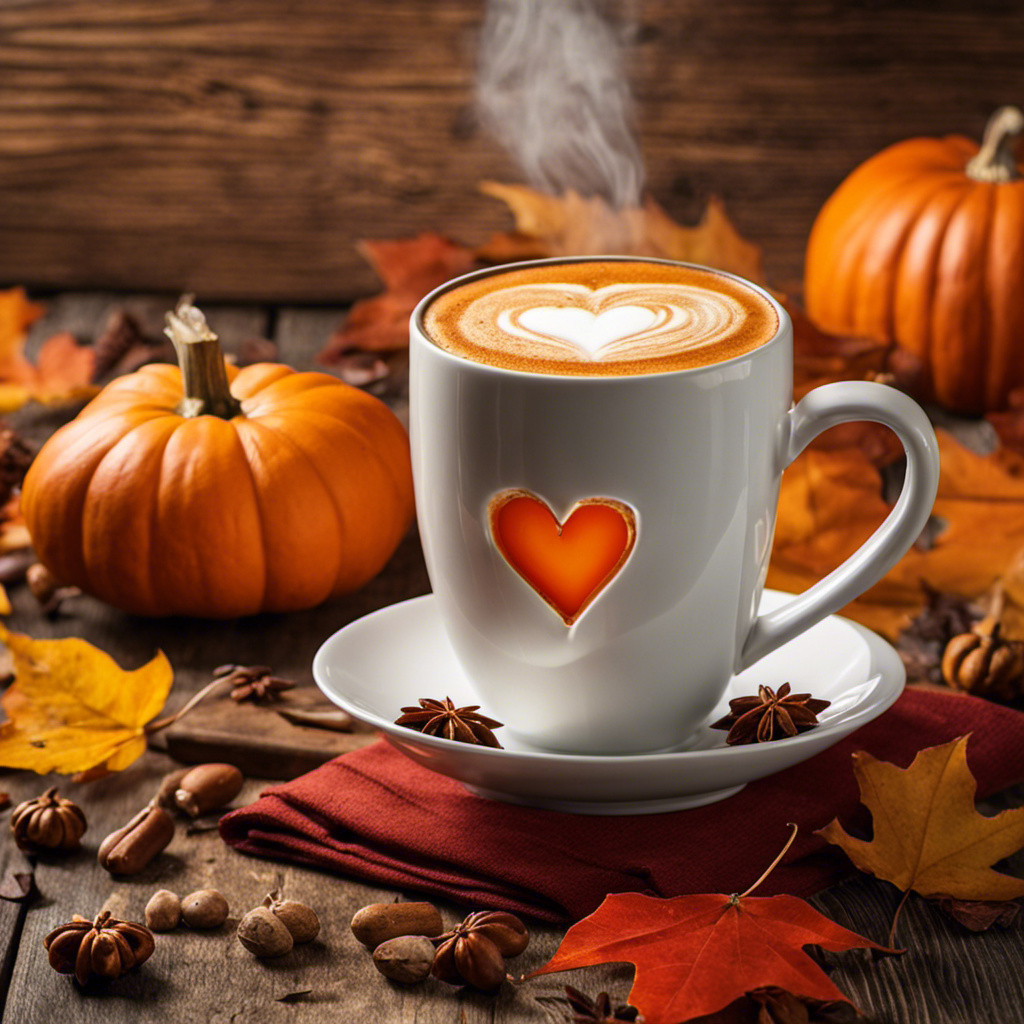 An image capturing the essence of autumn; a steaming mug of rich, creamy Pumpkin Spice Nespresso, adorned with a frothy milk heart, resting on a rustic wooden table, surrounded by vibrant orange leaves