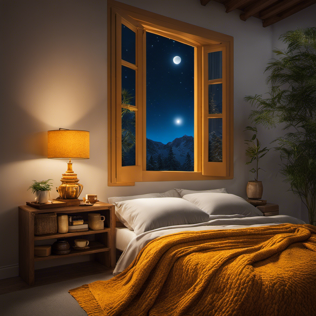 An image showcasing a serene bedroom scene at night, with a cozy bed adorned with a turmeric-themed blanket