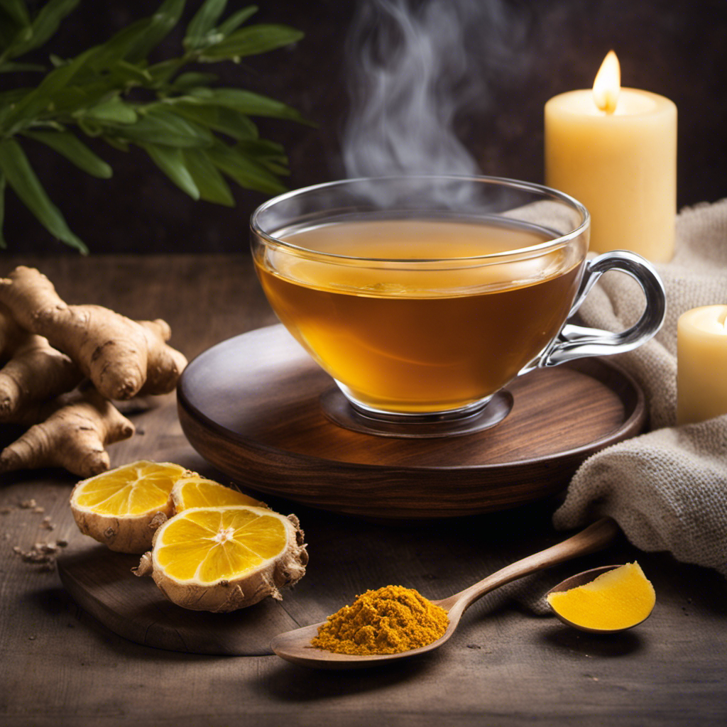 An image featuring a serene nighttime scene with a steaming cup of ginger and turmeric tea on a wooden table