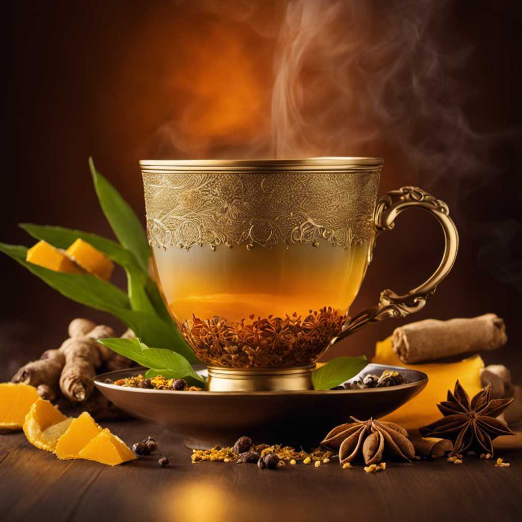 An image that features a steaming cup of vibrant golden tea, infused with freshly grated ginger and turmeric, surrounded by a scattering of whole spices