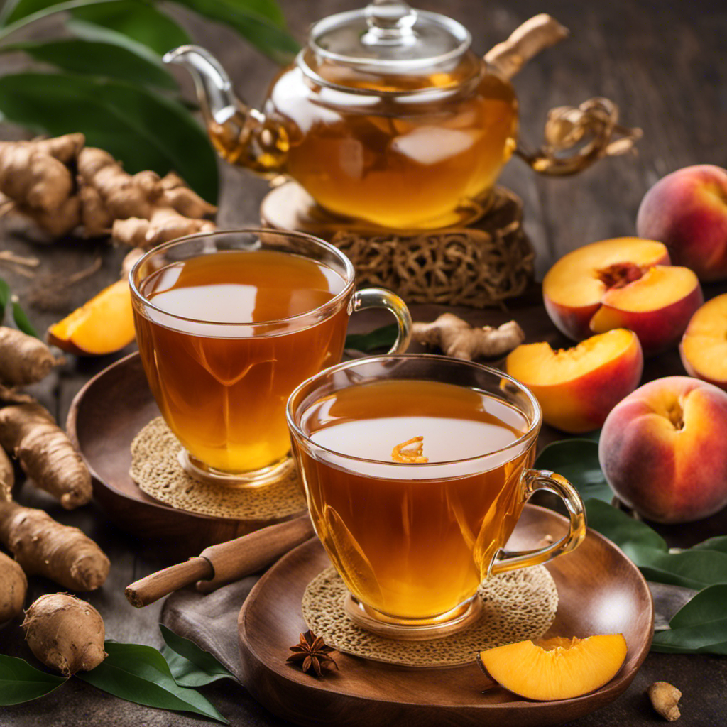 An image showcasing a steaming cup of ginger peach turmeric tea, adorned with vibrant slices of ginger, peach, and a golden-hued turmeric root in a serene backdrop, inviting readers to explore its potential health benefits