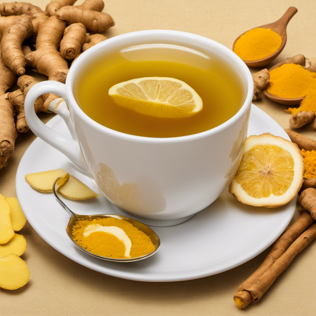 An image showcasing a steaming cup of vibrant yellow ginger turmeric tea, infused with slices of fresh ginger and a sprinkle of turmeric powder, inviting viewers to explore the potential benefits for liver health