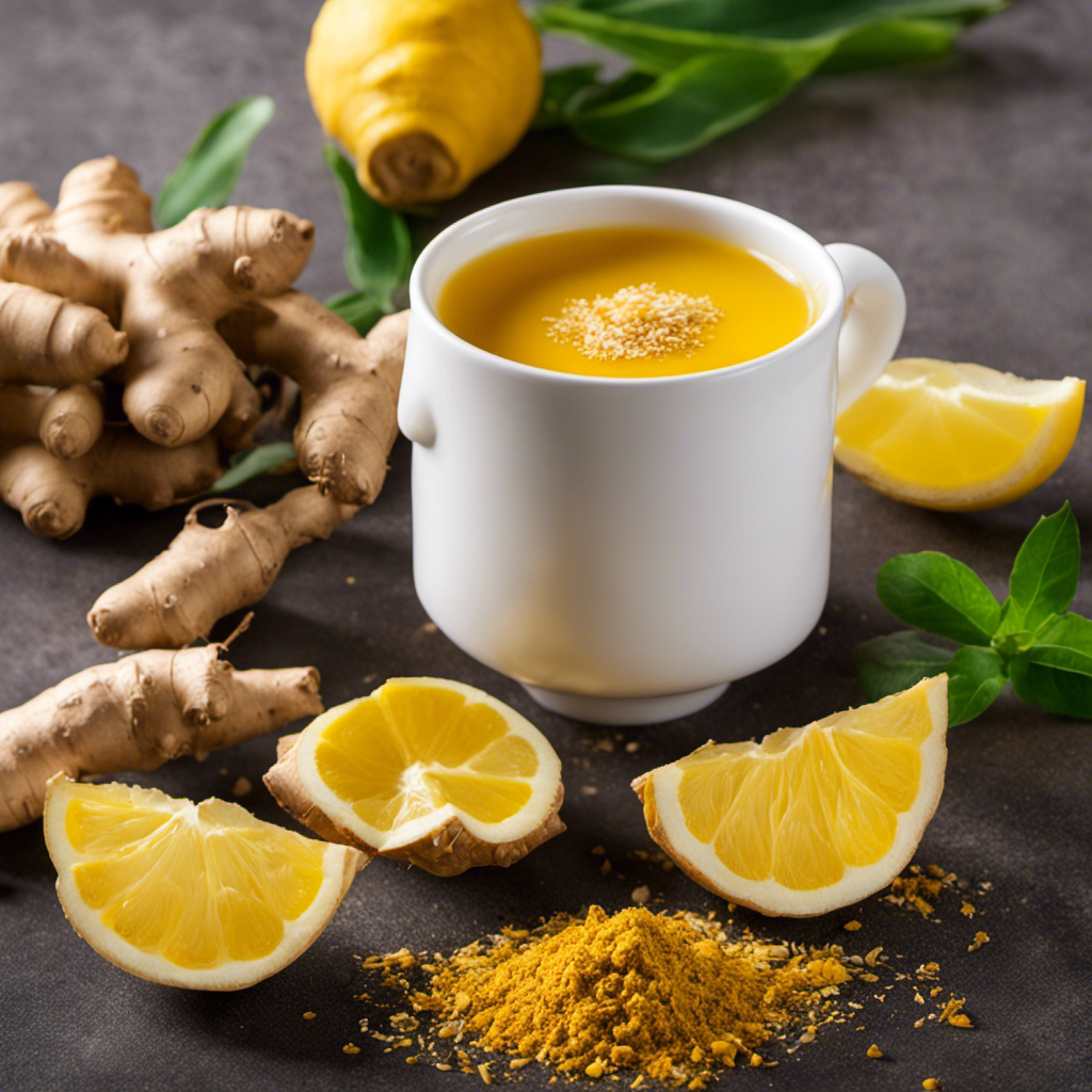 An image of a steaming cup of vibrant ginger turmeric tea, surrounded by freshly grated ginger, ground turmeric, and a lemon slice, evoking a sense of warmth, health, and potential weight loss benefits
