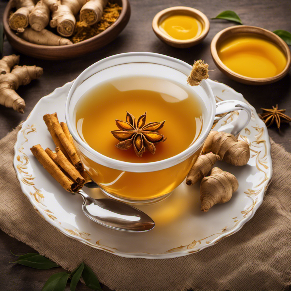 An image showcasing a steaming cup of ginger turmeric tea, rich golden color swirling with warm hues, fragrant steam rising, fresh ginger and turmeric slices floating, inviting a sip of its healthful benefits