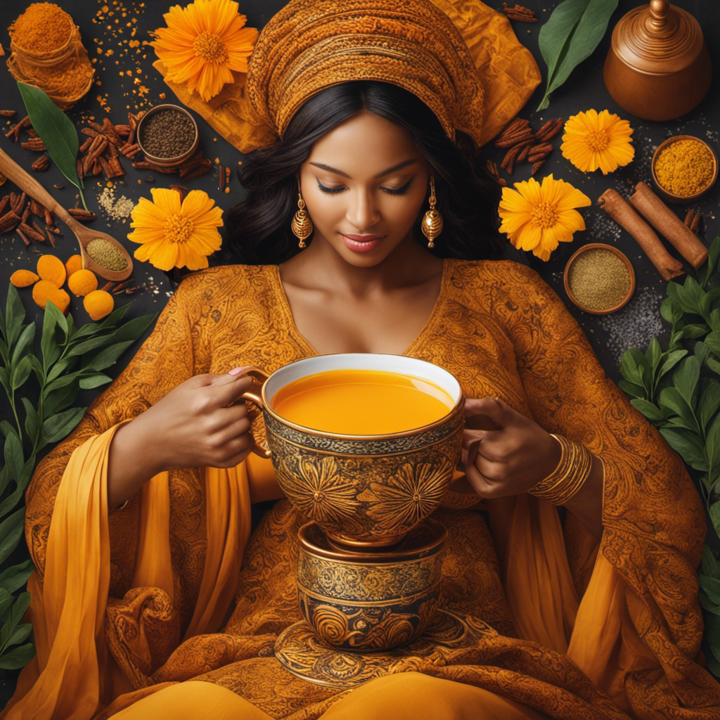 An image depicting a glowing, expectant mother cradling a warm cup of golden turmeric tea, surrounded by vibrant spices and herbs, symbolizing the potential benefits and considerations of consuming turmeric tea during pregnancy
