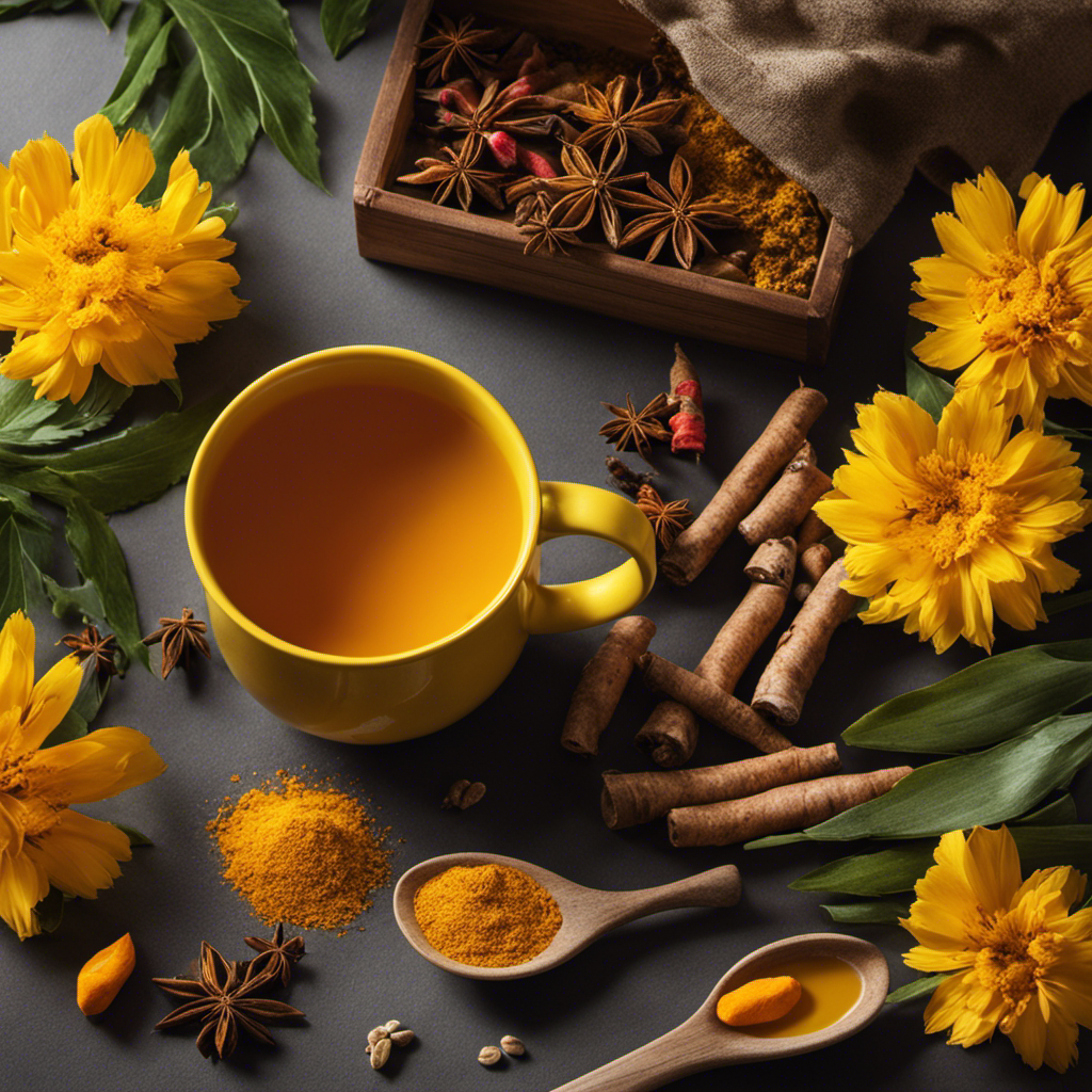 An image that features a cozy, serene setting with a person sipping turmeric tea from a vibrant yellow mug, surrounded by a botanical arrangement of fresh turmeric roots and aromatic spices