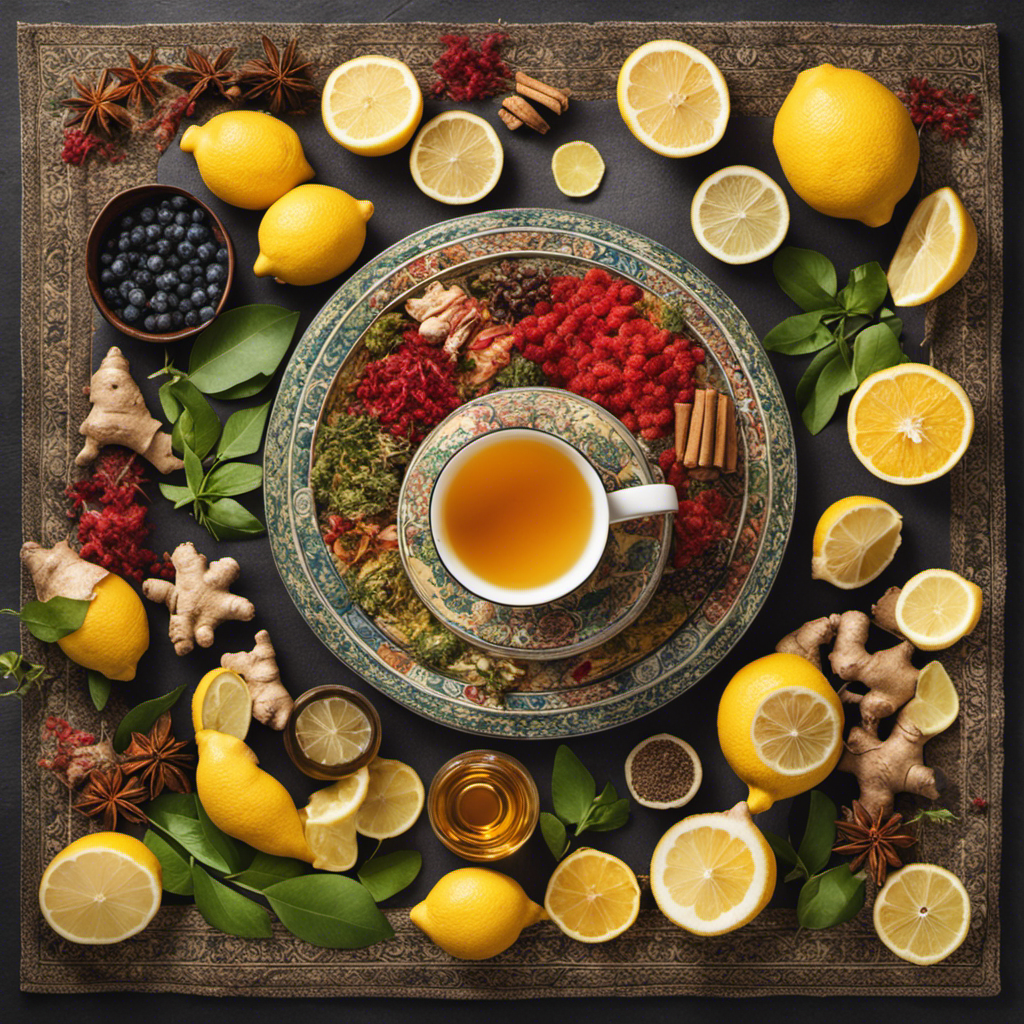 An image showcasing a cozy scene: a person wrapped in a warm blanket, sipping on a steaming cup of Kombucha tea, surrounded by vibrant, healing ingredients like ginger, lemon, and honey